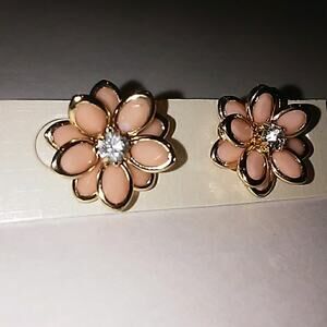 Camelia Flower Blossom Earrings Peach color Simulated Diamonds Fairygoth Wedding